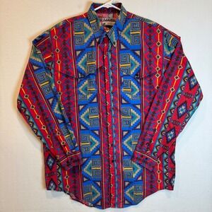 Plainsman Vintage Southwestern Western Shirt Mens Tall 2XLT Red Blue Geometric